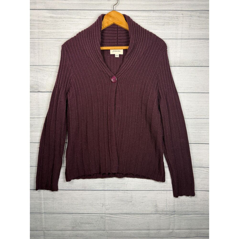 St John's Bay Women's L Plum Burgundy Ribbed Knit One Button Cardigan 4796